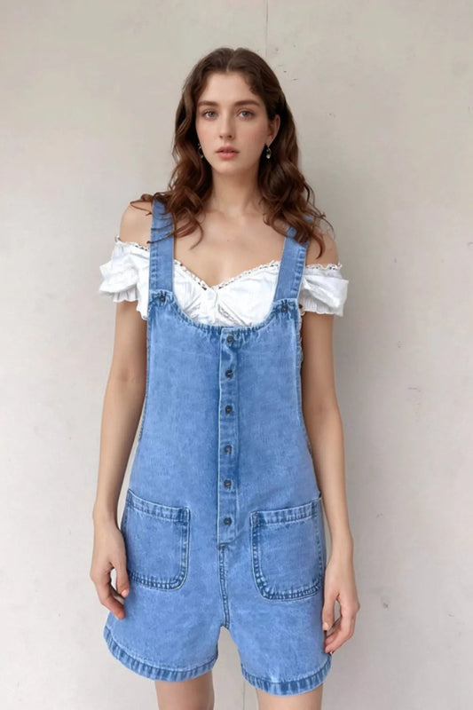 Button Front Denim Overall Shorts with Front Pockets Sky Blue - Fashorio