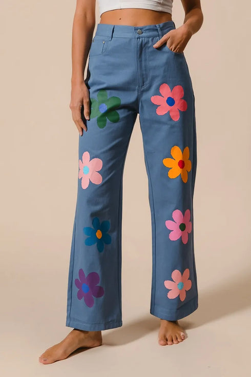 BiBi Flower Print Straight Legs Pants DENIM - Fashorio