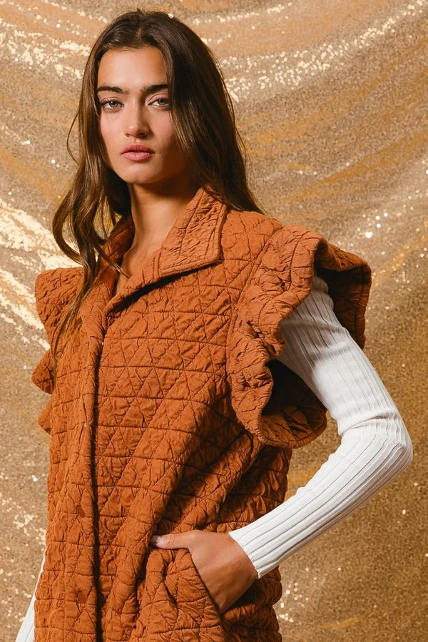 BiBi Quilting Knit Ruffle Sleeve Vest RUST - Fashorio