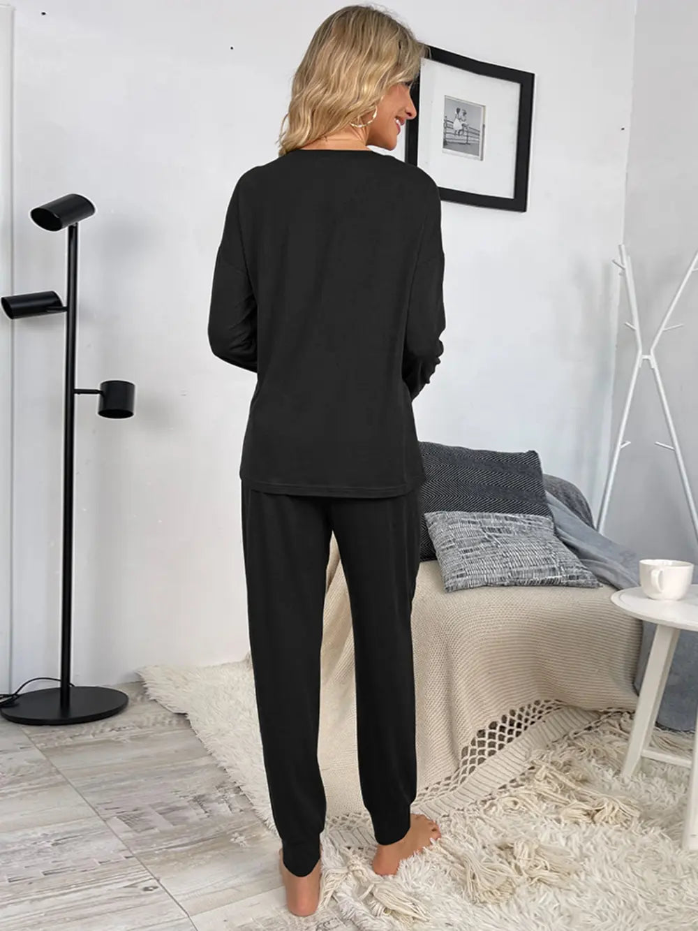 Shiny Round Neck Top and Drawstring Pants Lounge Set - Fashorio
