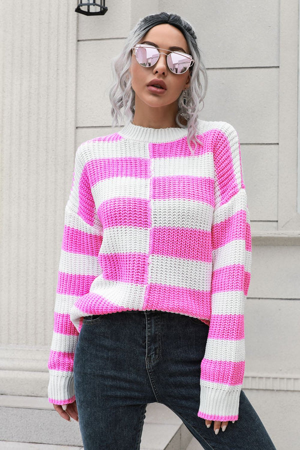 Color Block Dropped Shoulder Sweater Pink - Fashorio