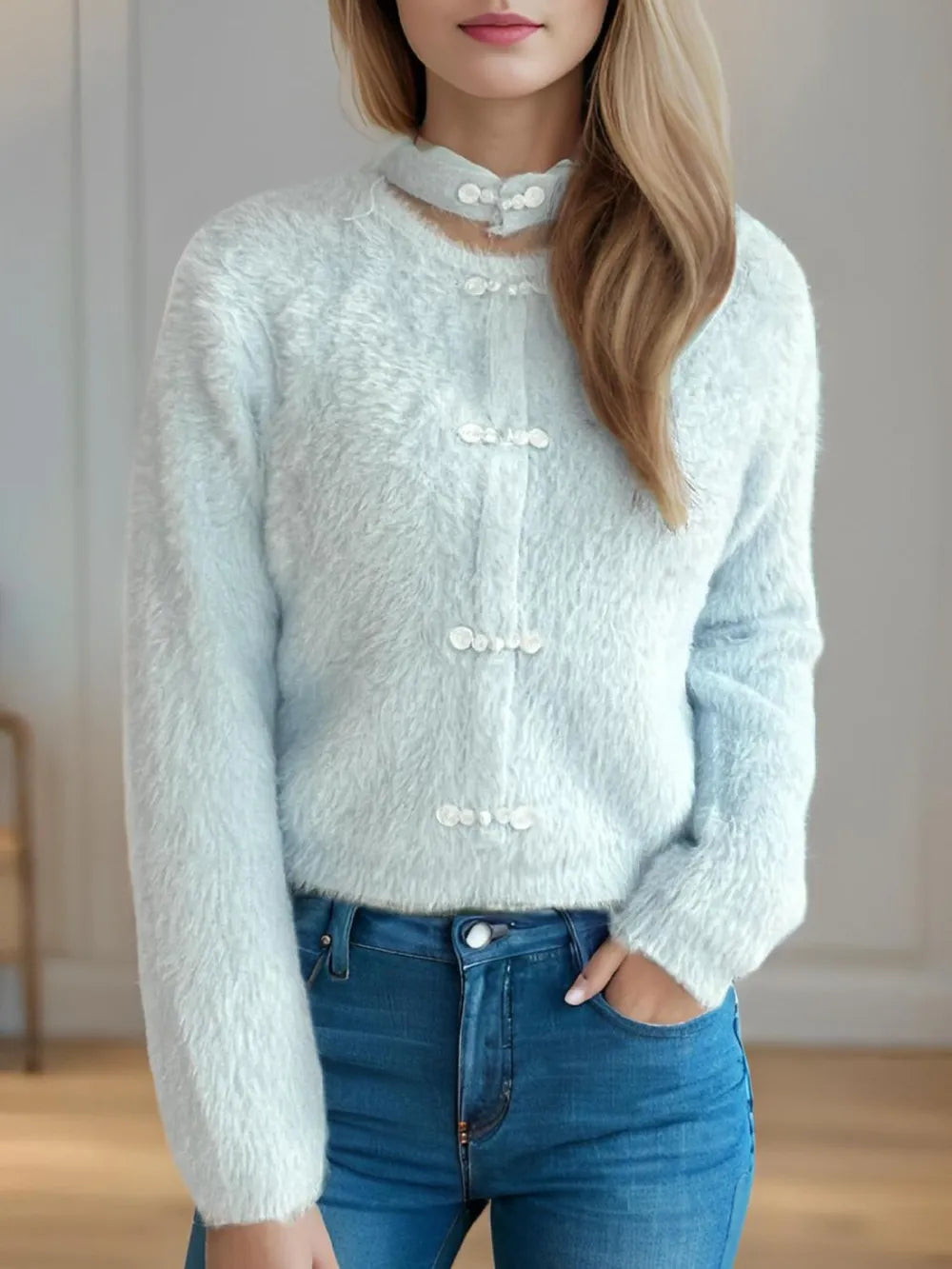 Cutout Knot Button Long Sleeve Cardigan Light Blue One Size - Fashorio