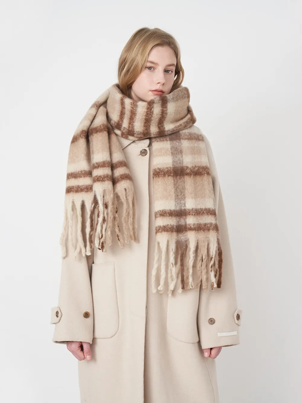 Fringe Plaid Polyester Scarf Khaki One Size - Fashorio