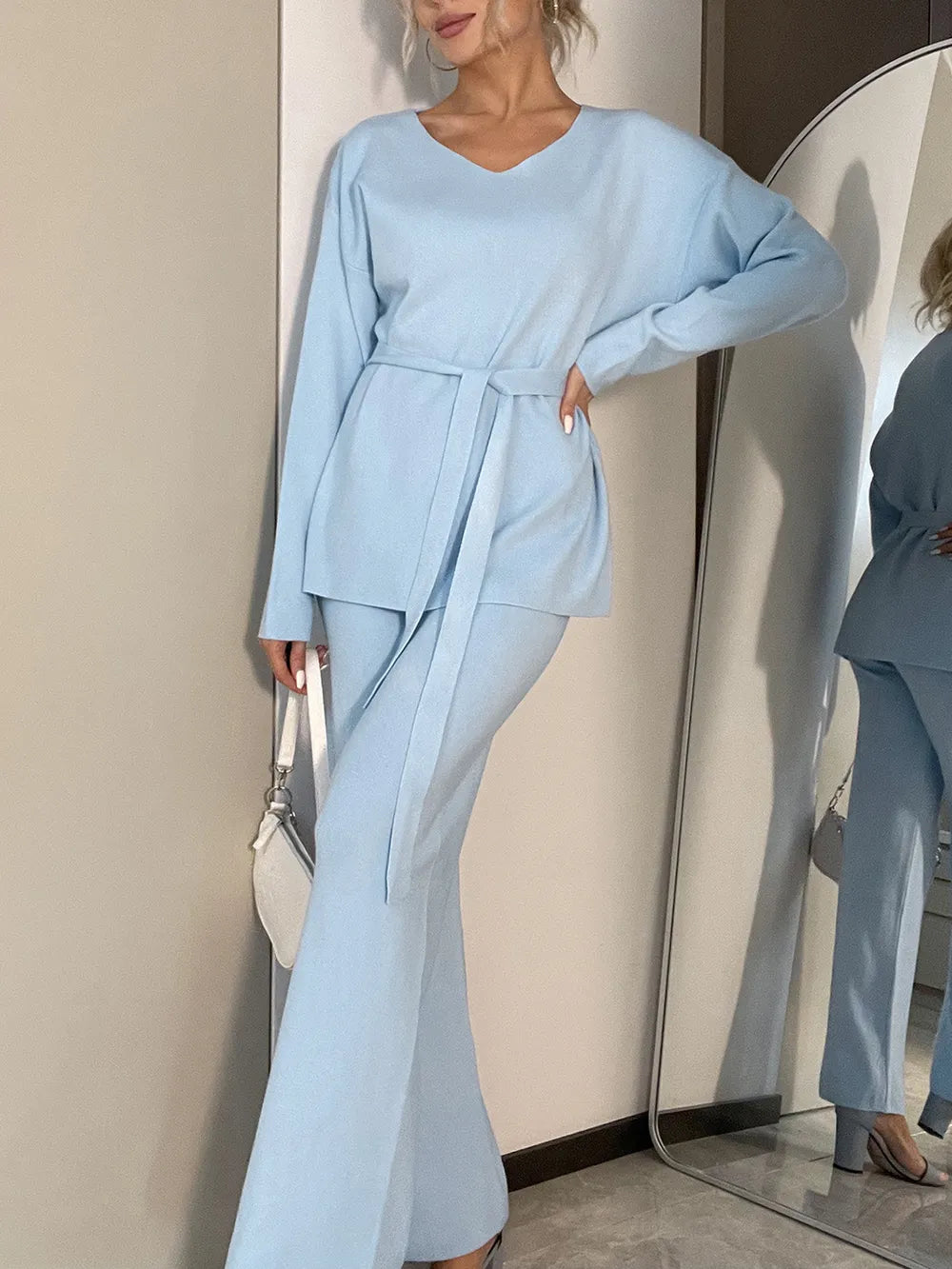 V-Neck Long Sleeve Top and Drawstring Pants Sweater Set - Fashorio