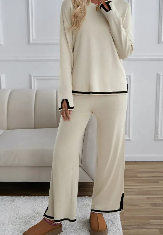 Contrast Trim Round Neck Top and Pants Sweater Set - Fashorio