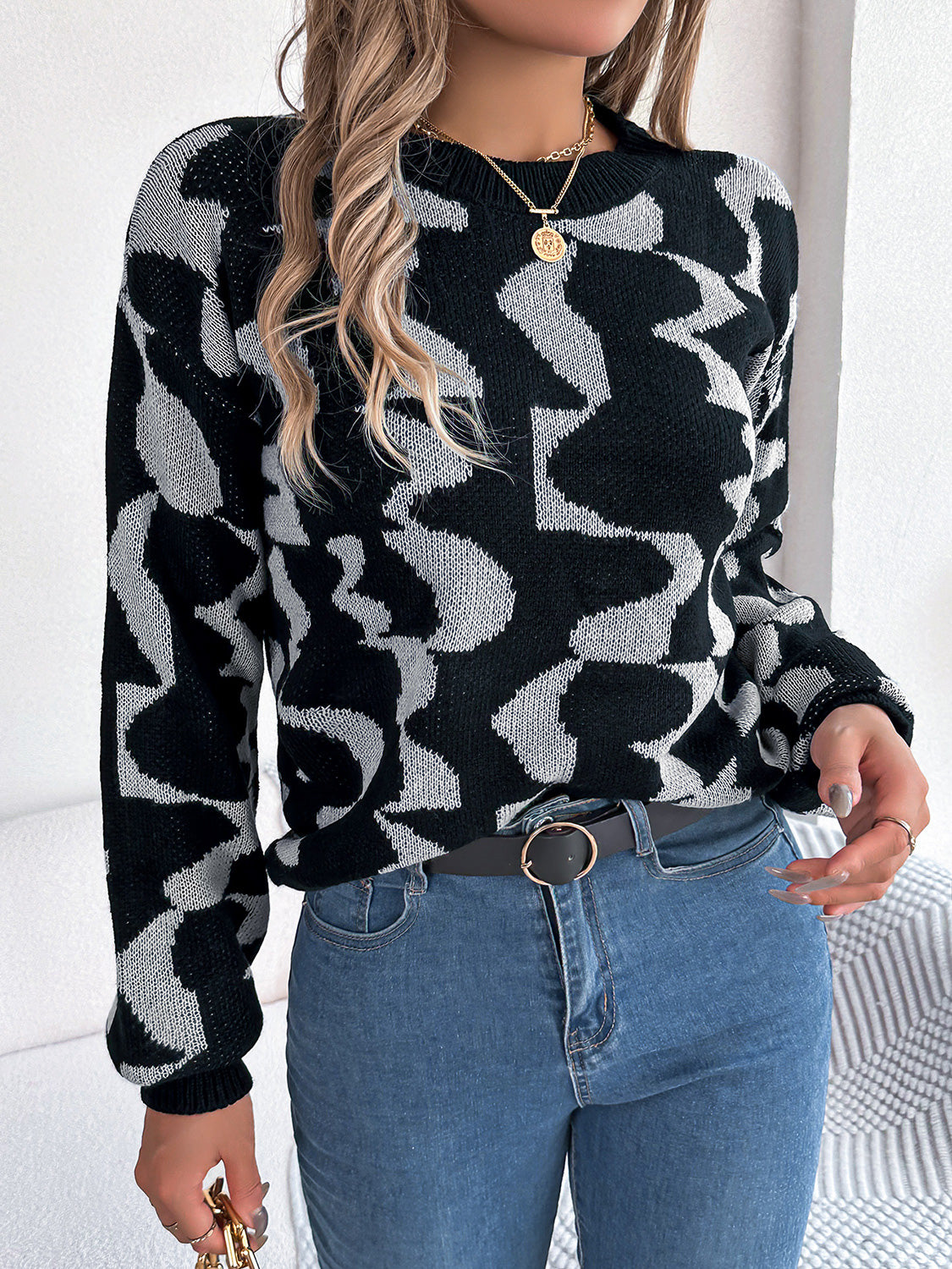 Round Neck Long Sleeve Sweater Charcoal - Fashorio