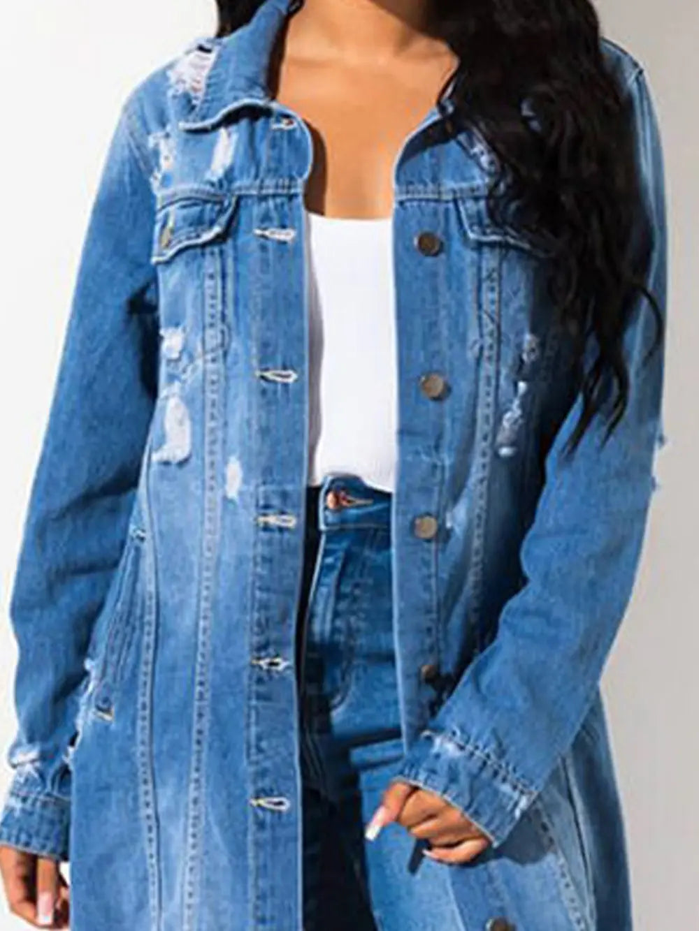 Long Sleeve Raw Hem Denim Jacket - Fashorio