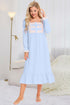Lace Detail Square Neck Flounce Sleeve Night Dress Pastel Blue - Fashorio