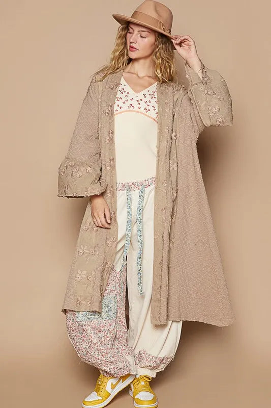 POL Flower Lace Trim Open Front Longline Cardigan Khaki - Fashorio
