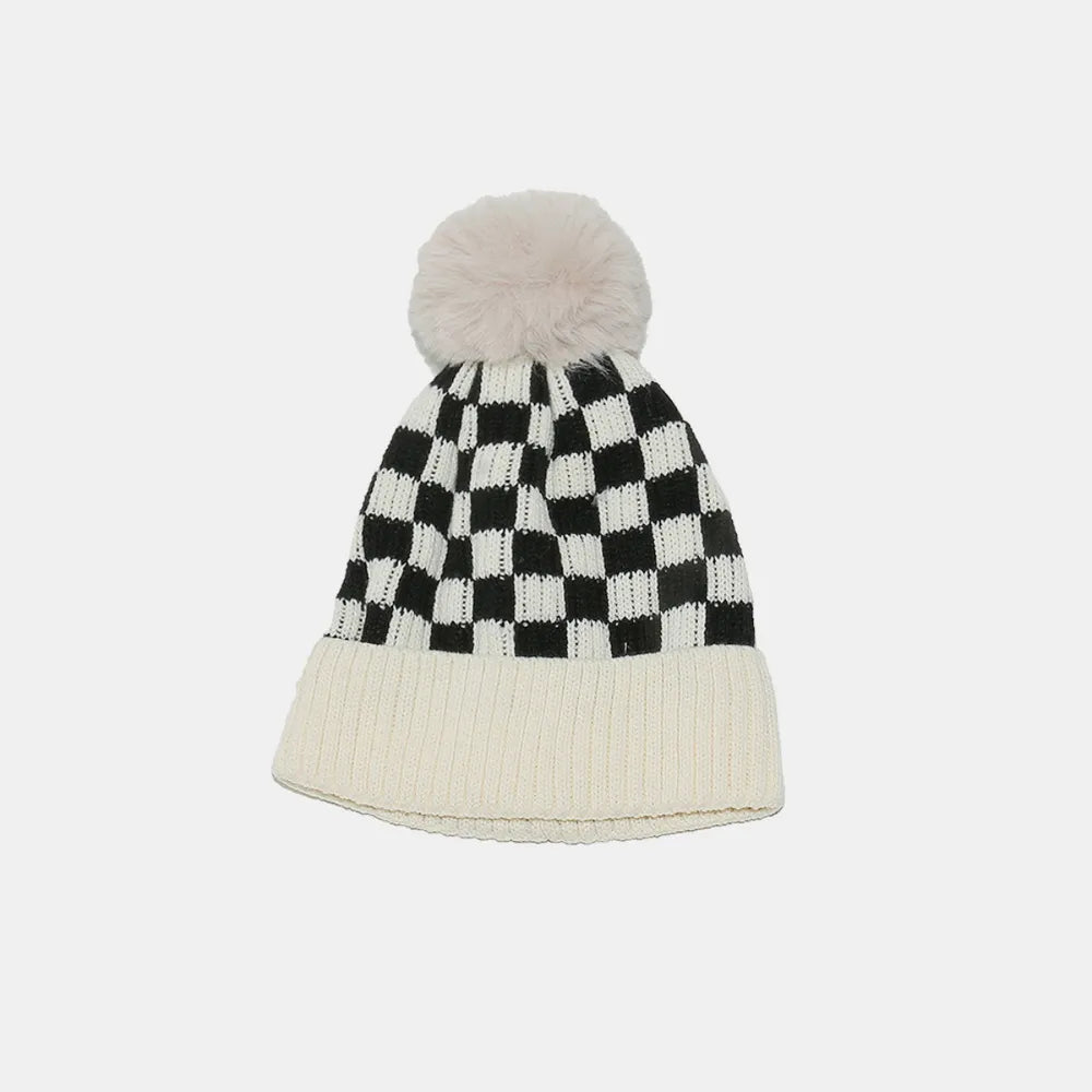 Checkered Knit Hat with Pompom - Fashorio