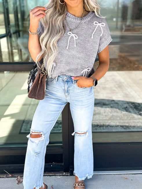 Bow Round Neck Short Sleeve Sweater - Fashorio