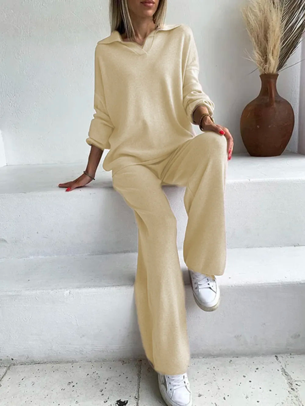 Johnny Collar Long Sleeve Top and Pants Sweater Set Tan One Size - Fashorio