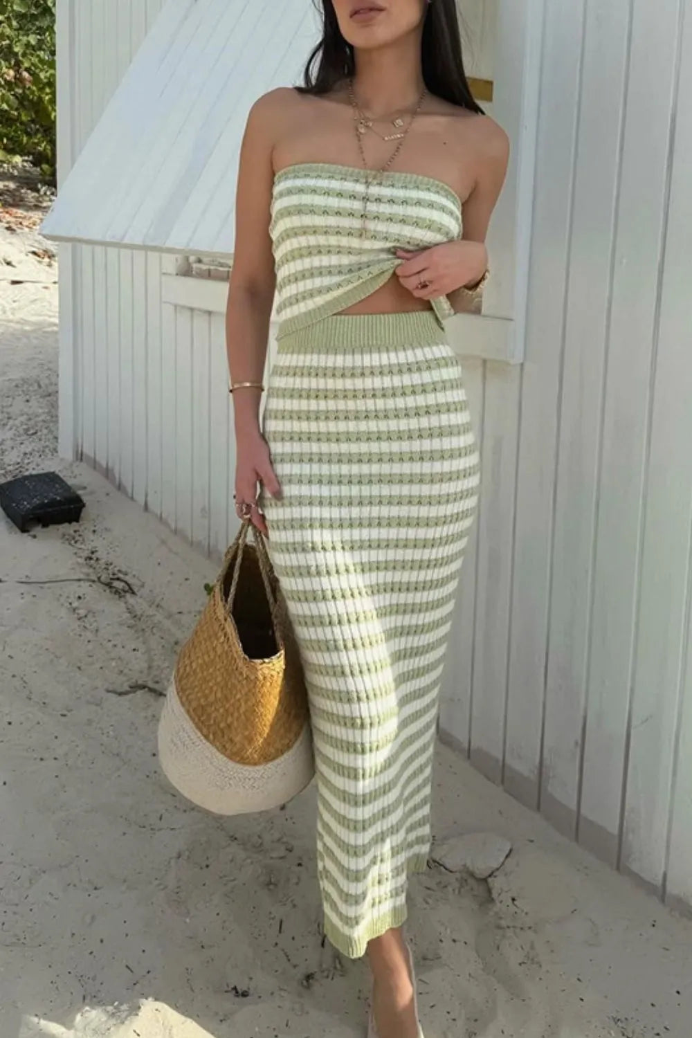 Contrast Striped Tube Top and Skirt Sweater Set - Fashorio