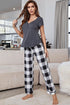 Curved Hem Short Sleeve Top and Plaid Pants Lounge Set Mid Gray - Fashorio
