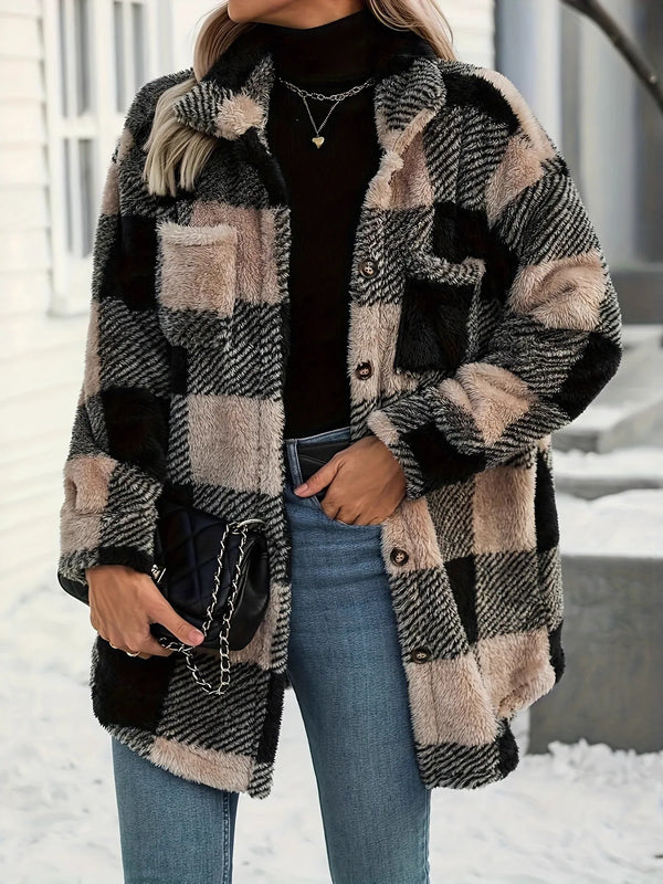 Button Down Collared Neck Plaid Teddy Coat with Pockets Black - Fashorio