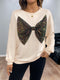 Sequined Bow Round Neck Sweatshirt Apricot - Fashorio