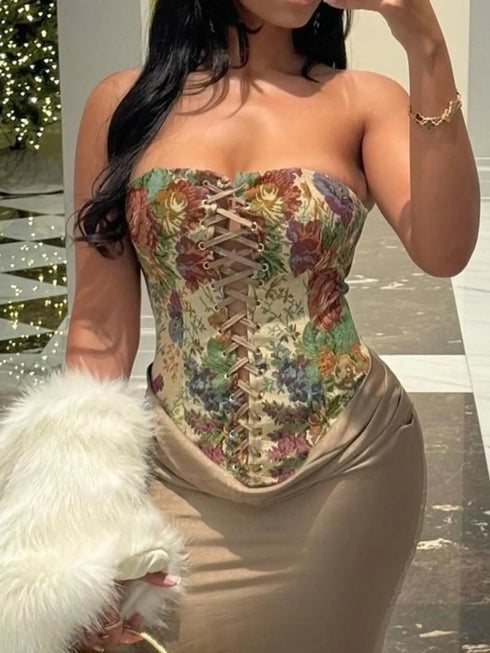 Floral Print Lace Up Tube Top - Fashorio