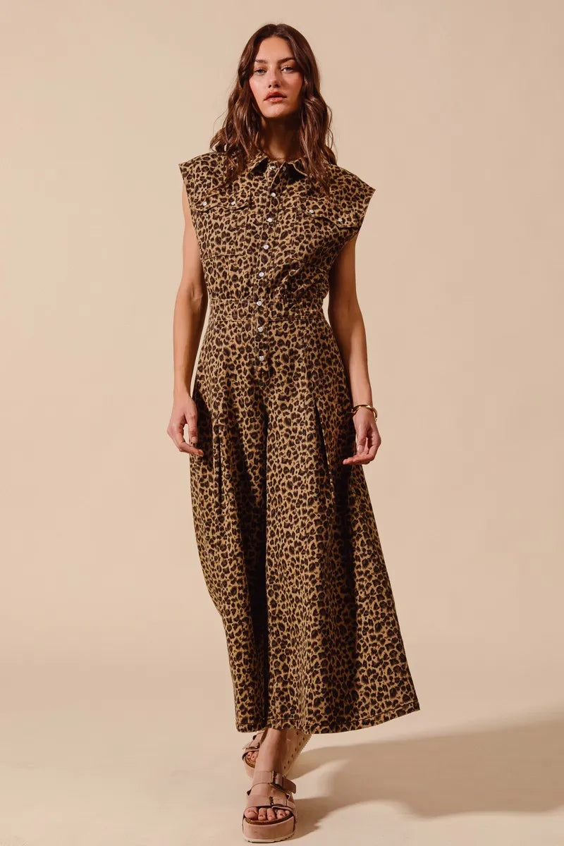 SO ME Wide Leg Leopard Twill Overalls Jumpsuit with Tuck - Fashorio