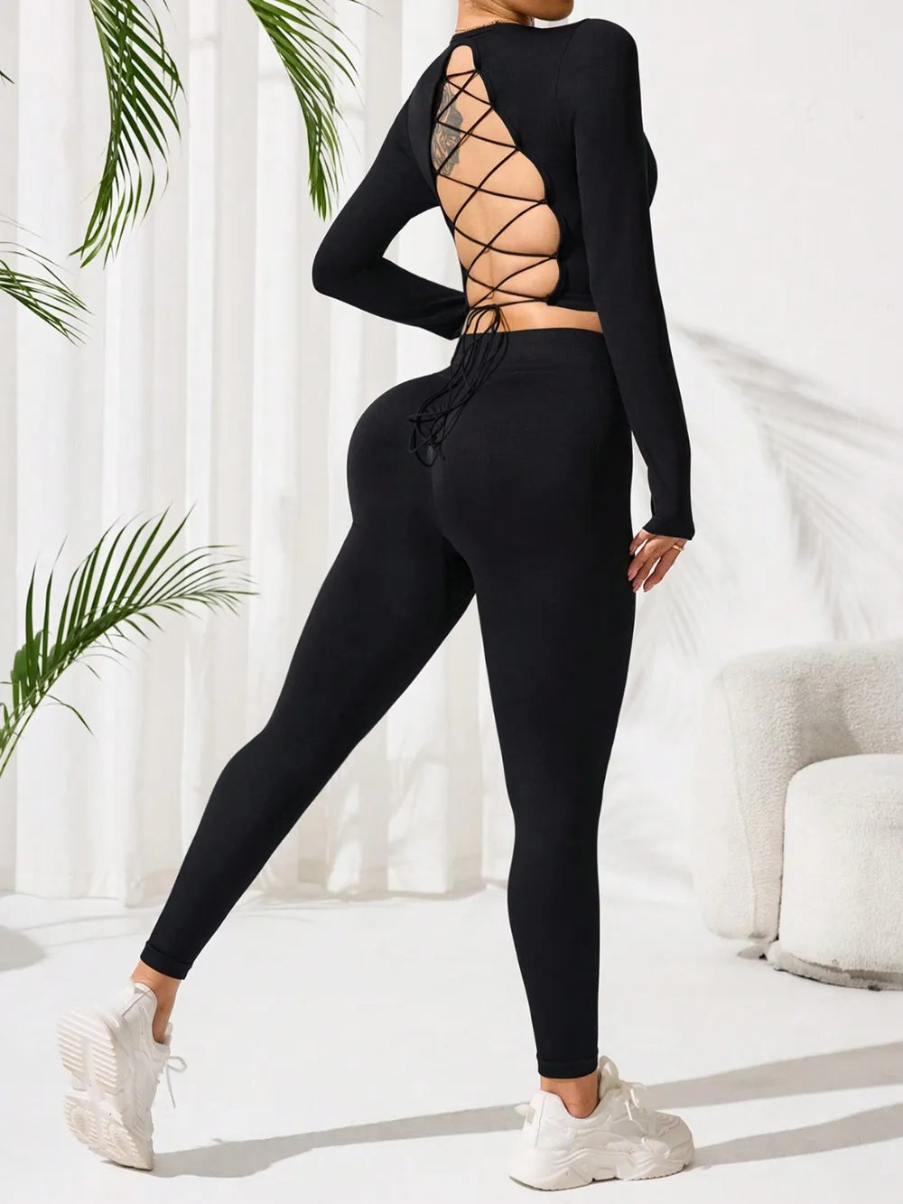 Lace-Up Back Round Neck Top and Leggings Active Set - Fashorio