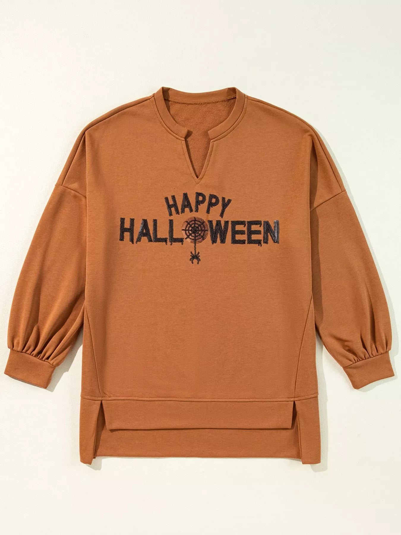 Happy Halloween Graphic Notched Long Sleeve Loose Top - Fashorio