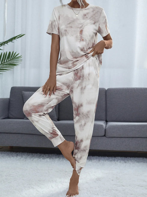 Shiny Tie-Dye Round Neck Short Sleeve Top and Pants Lounge Set - Fashorio