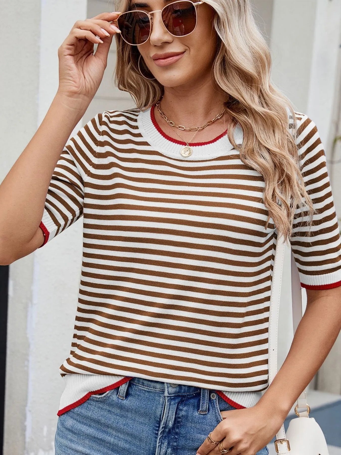 Striped Casual T-Shirt with Contrast Trim - Fashorio