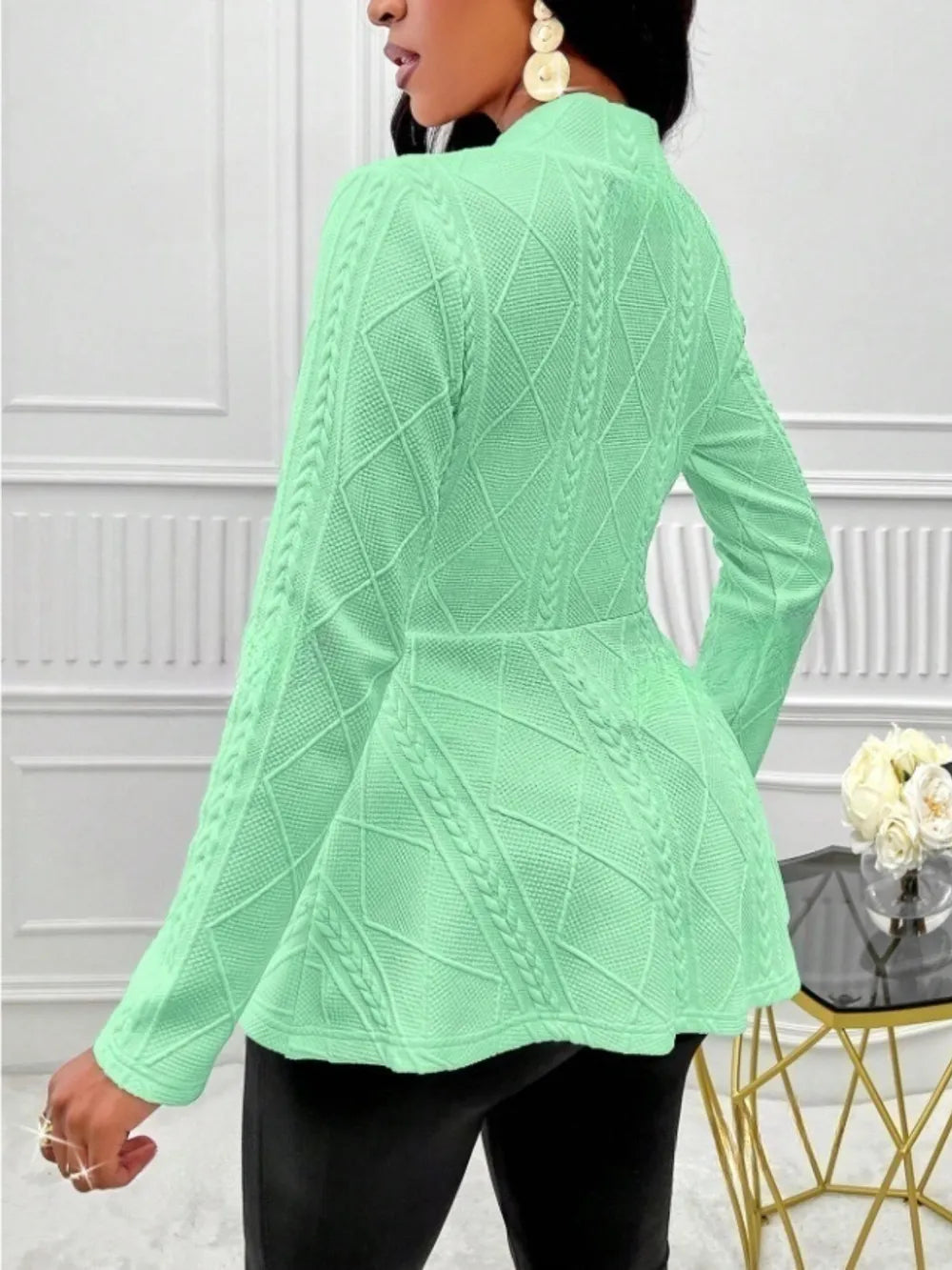 One Button Textured Peplum Cardigan - Fashorio