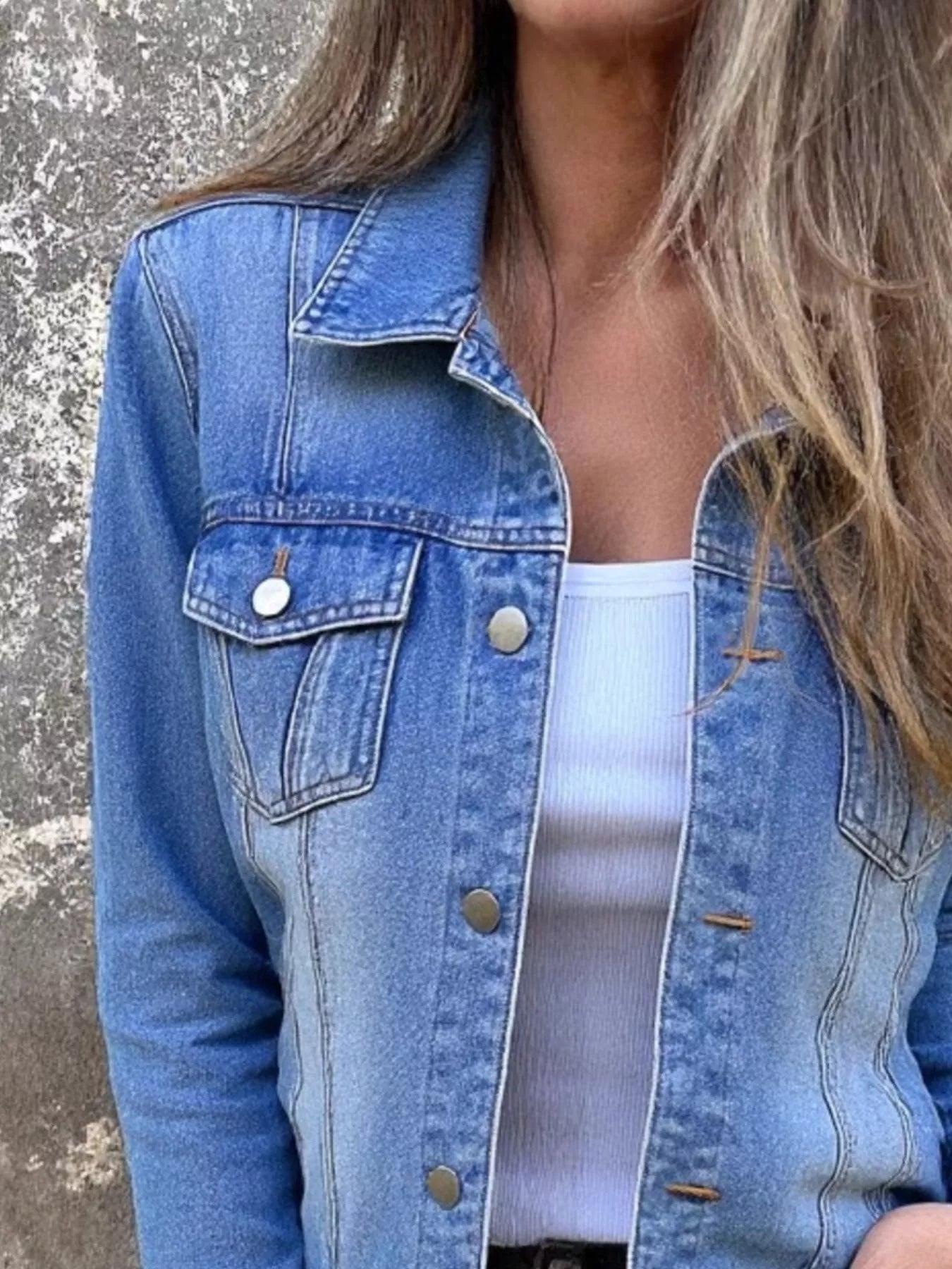 Full Size Button Front Long Sleeve Denim Jacket Plus Size Light Blue - Fashorio