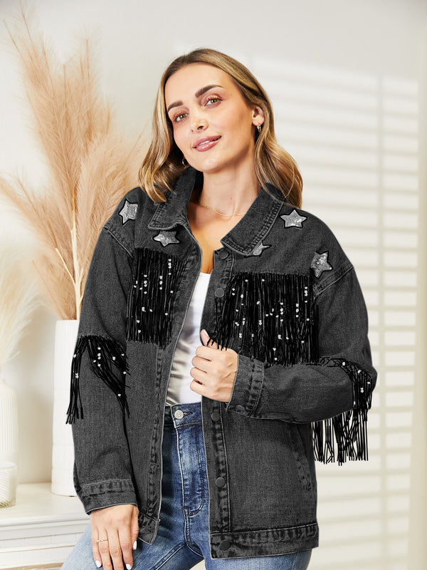 Fringe Detail Long Sleeve Denim Jacket Black - Fashorio