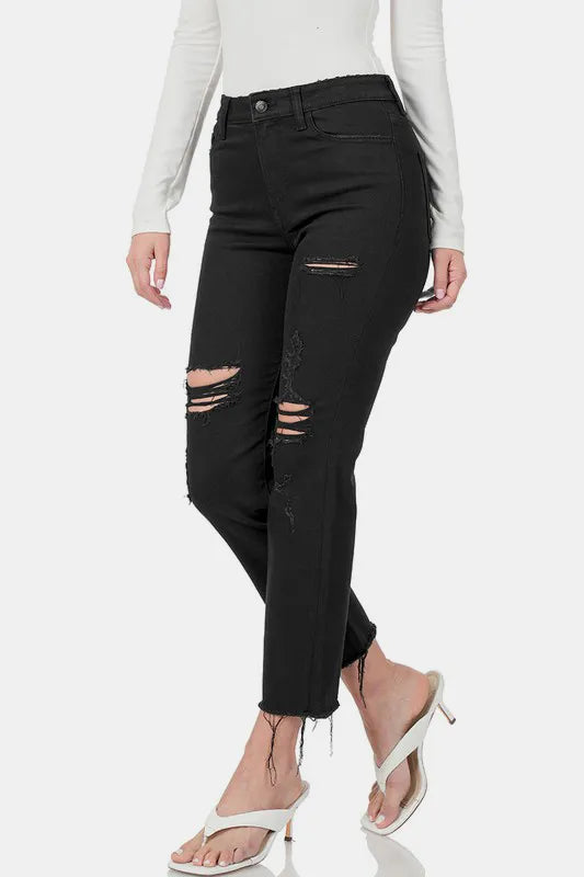Zenana Distressed Raw Hem Cropped Jeans - Fashorio