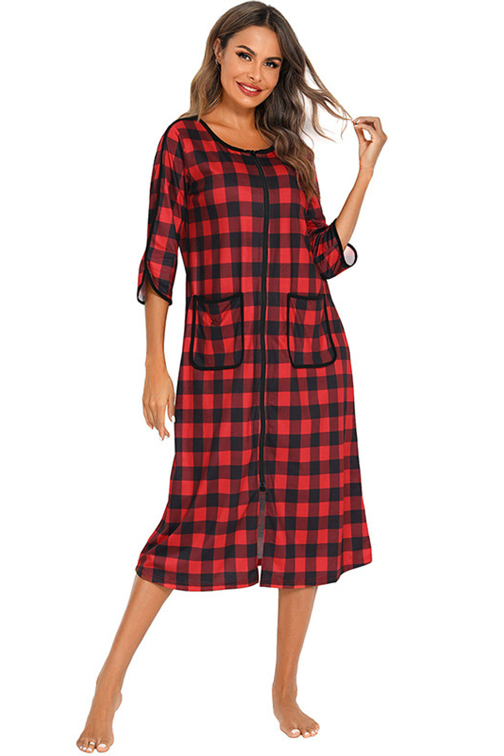 Round Neck Three-Quarter Sleeve Midi Night Dress - Fashorio