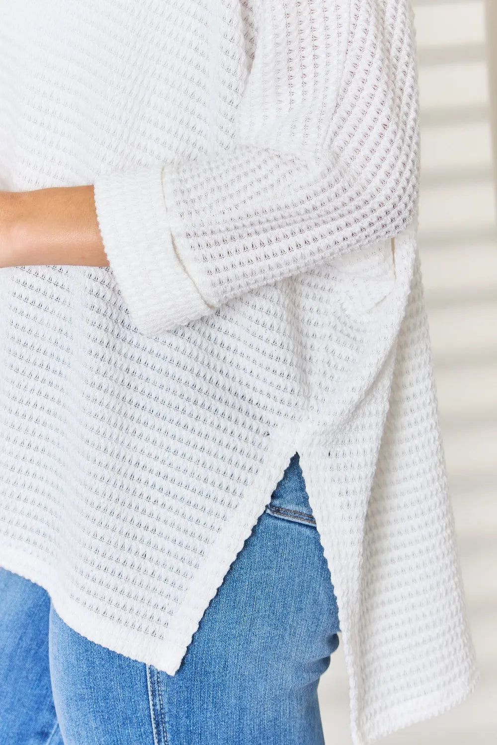 Zenana Full Size Waffle Knit V-Neck Long Sleeve Slit Top - Fashorio