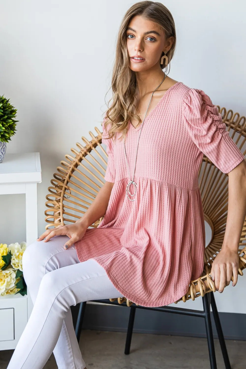 Heimish Full Size Waffle Knit V-Neck Babydoll Top - Fashorio