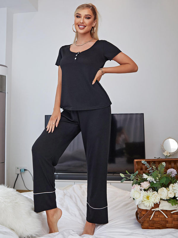Scoop Neck Top and Elastic Waist Pants Lounge Set Black - Fashorio