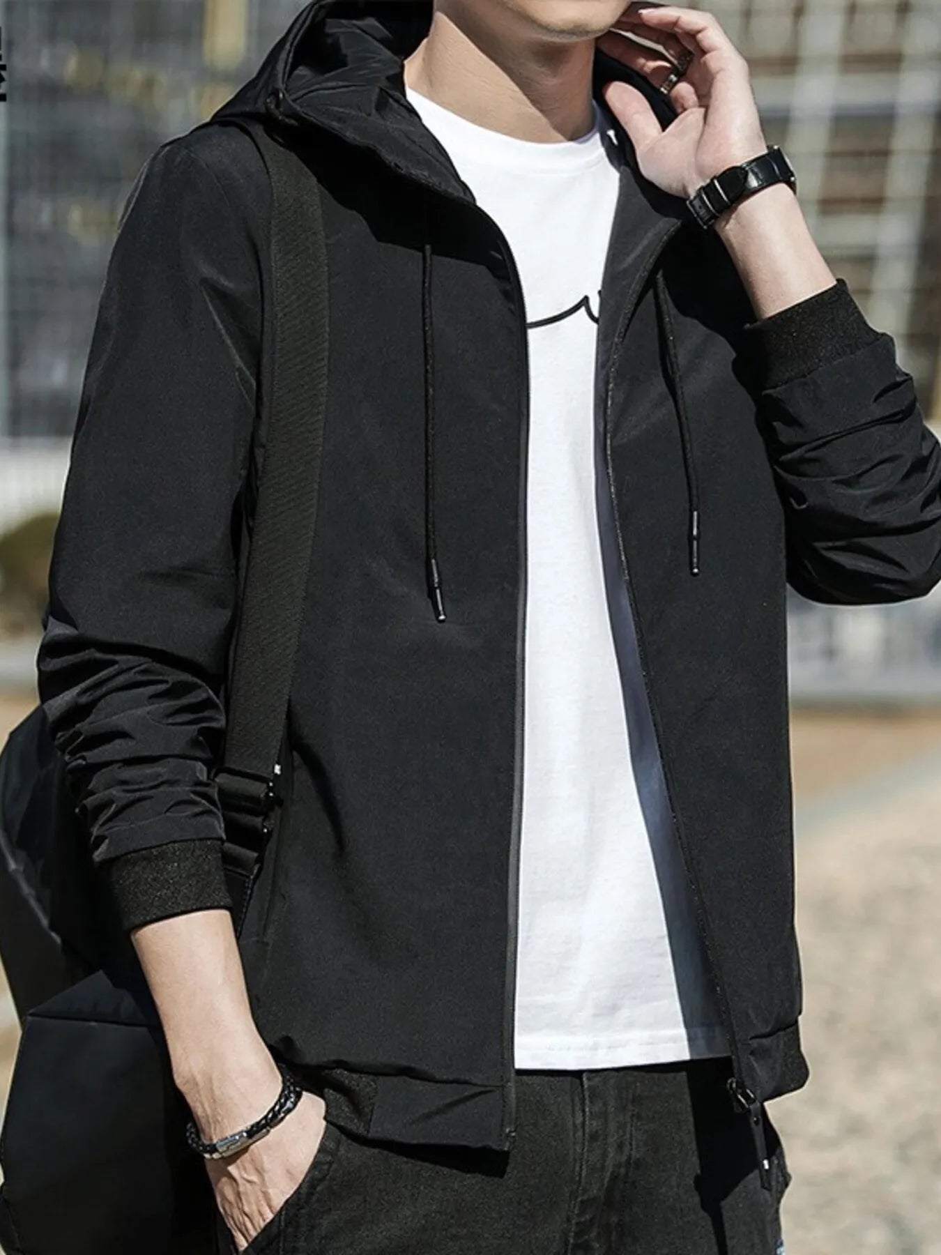 Men's Plus Size Drawstring Zip Up Long Sleeve Hooded Jacket Black - Fashorio