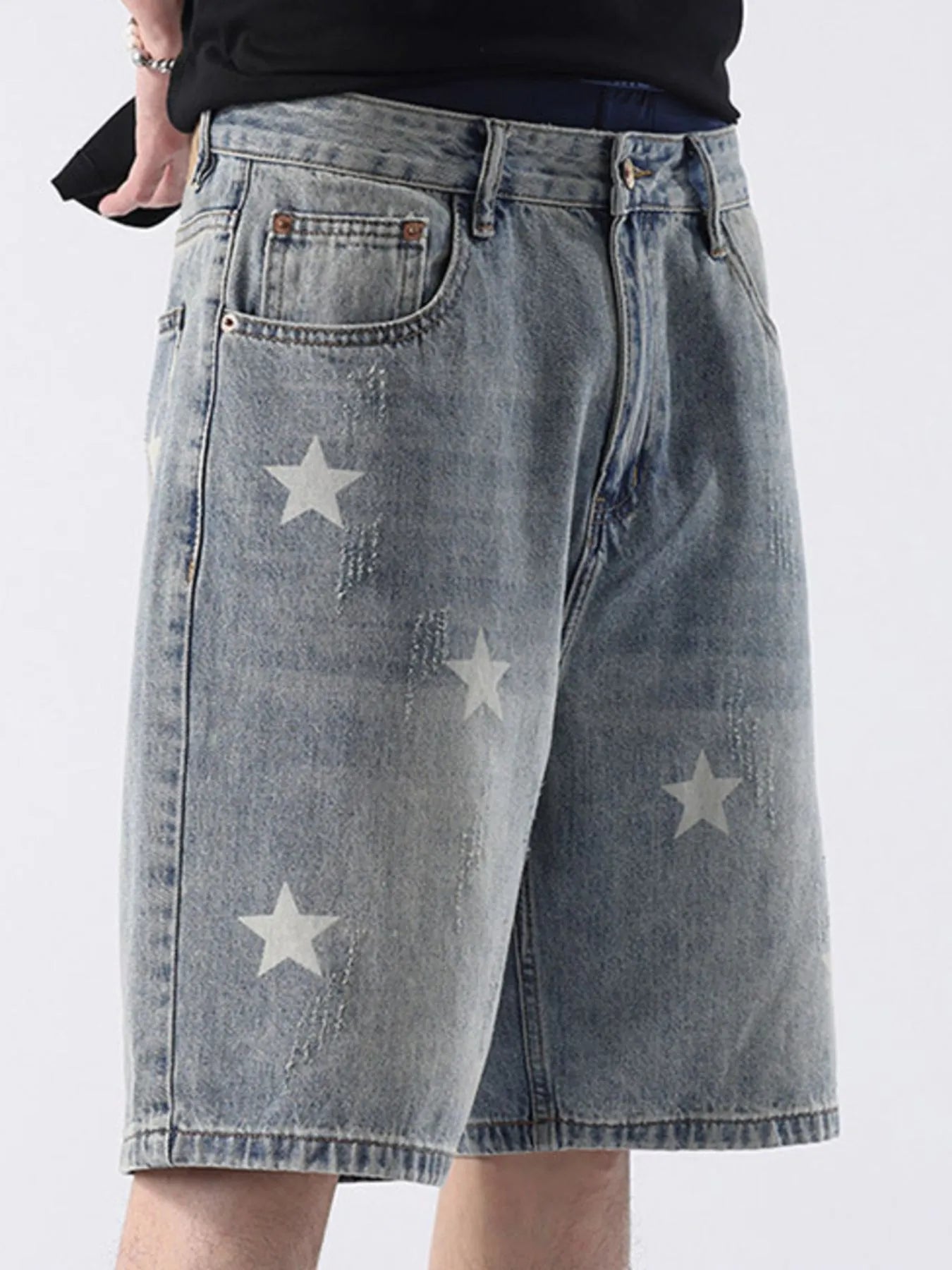 Men's Distressed Star Print Denim Shorts - Fashorio