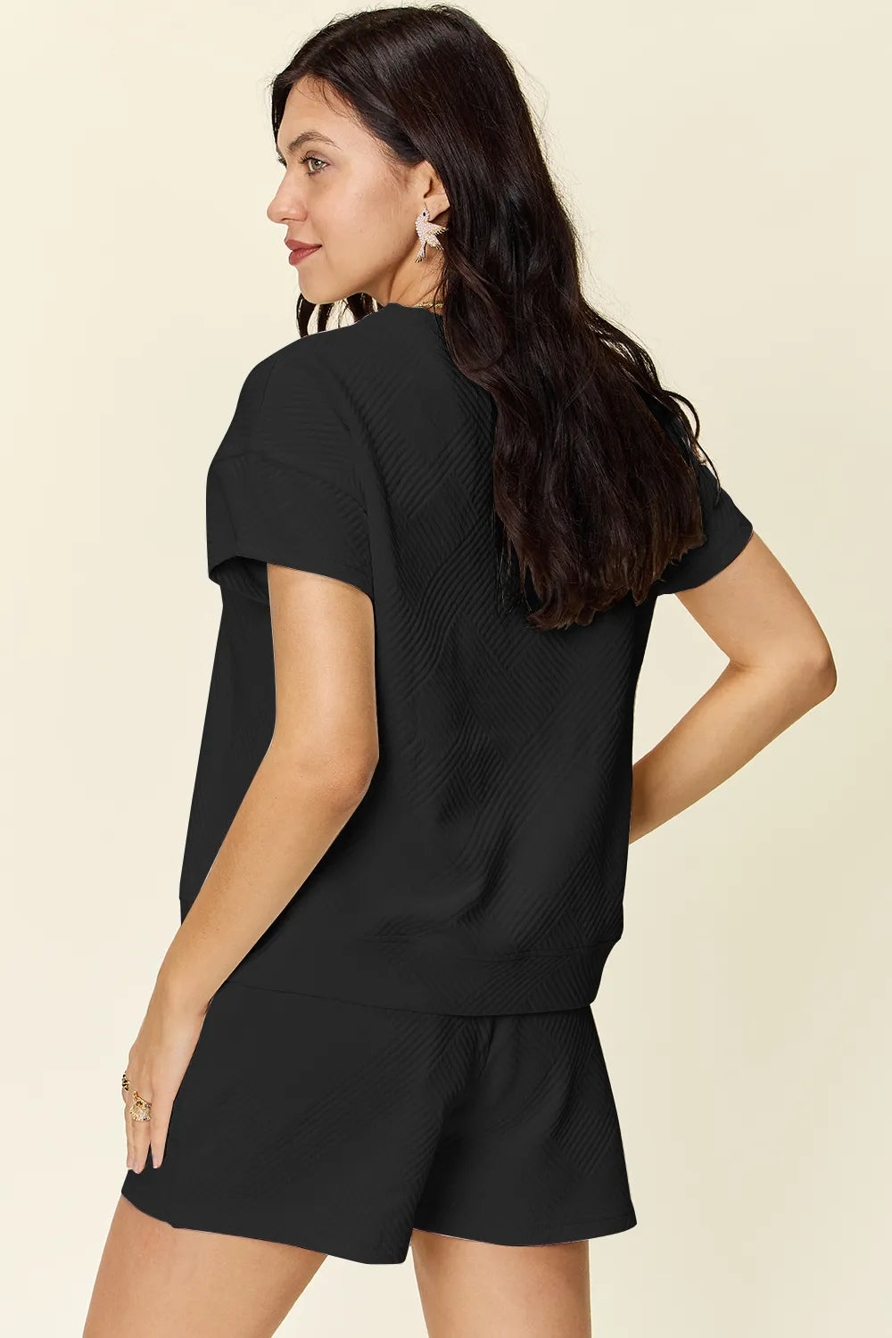 Double Take Full Size Texture Short Sleeve T-Shirt and Drawstring Shorts Set - Fashorio