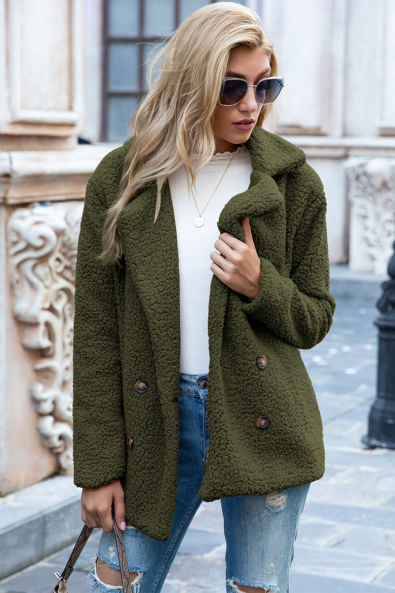 Ivy Lane Full Size Lapel Collar Sherpa Coat Army Green - Fashorio