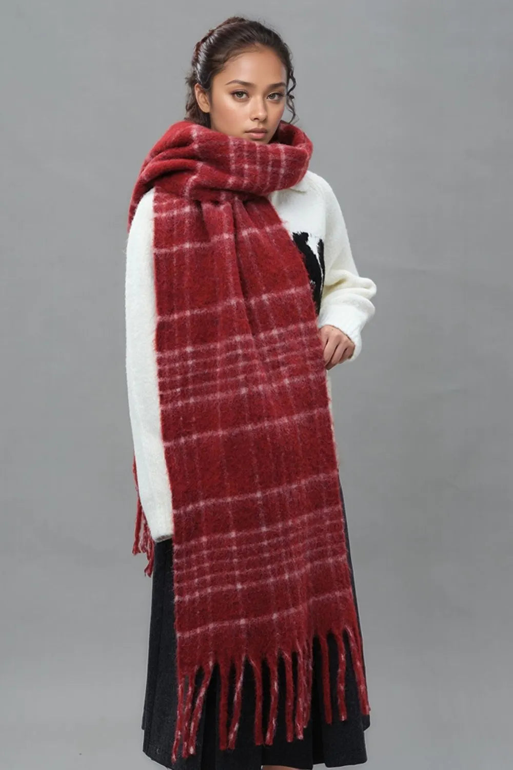 Fringe Plaid Thermal Scarf - Fashorio