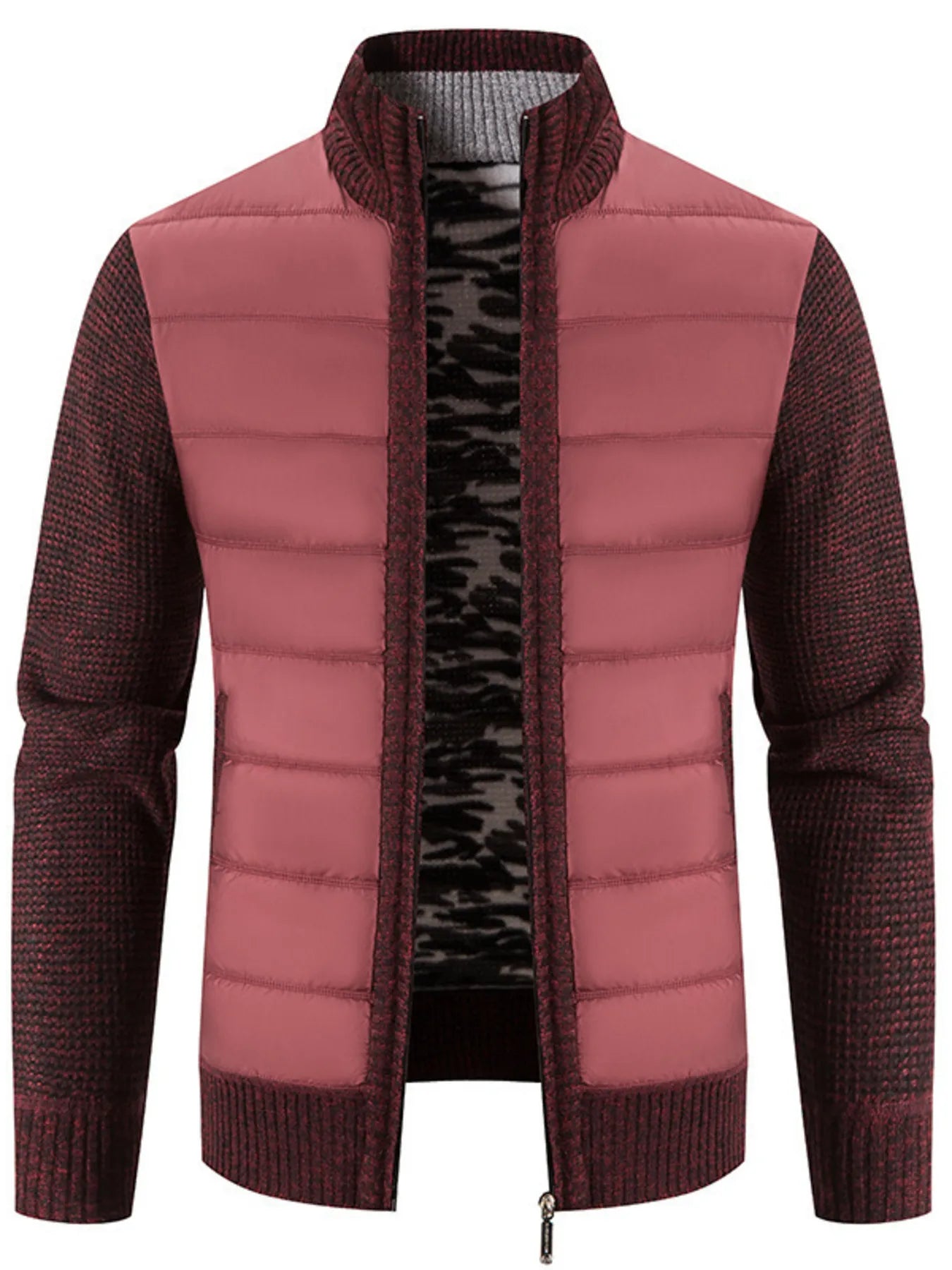 Men's Plus Size Quilted Knit Bomber Jacket with Stand Collar Burgundy - Fashorio
