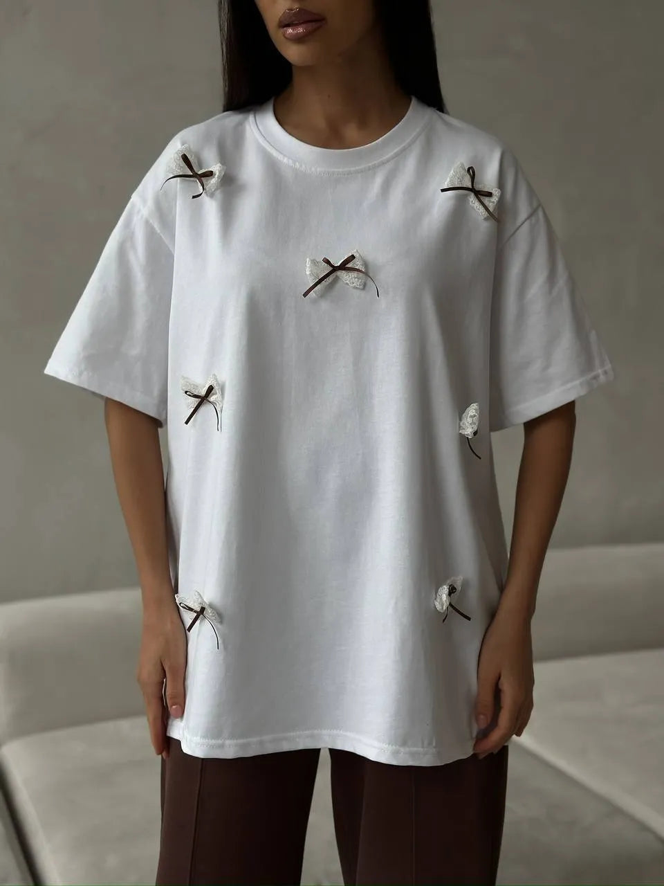 Bow Round Neck Oversized T-Shirt - Fashorio