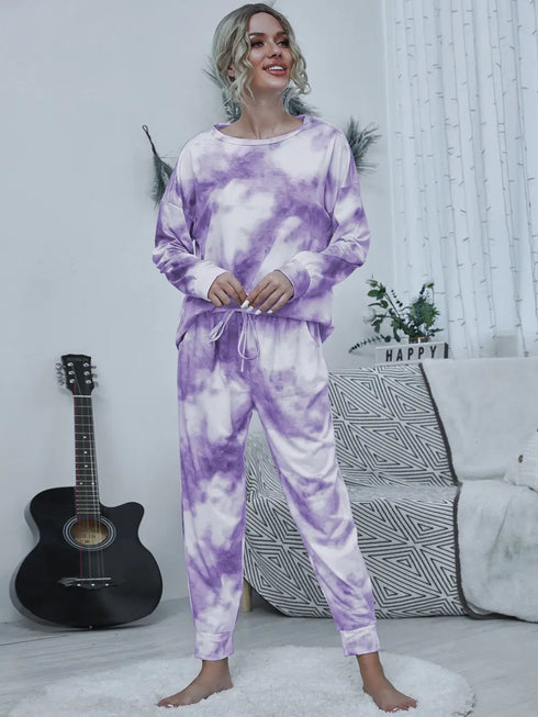 Shiny Tie-dye Round Neck Top and Drawstring Pants Lounge Set Lavender - Fashorio