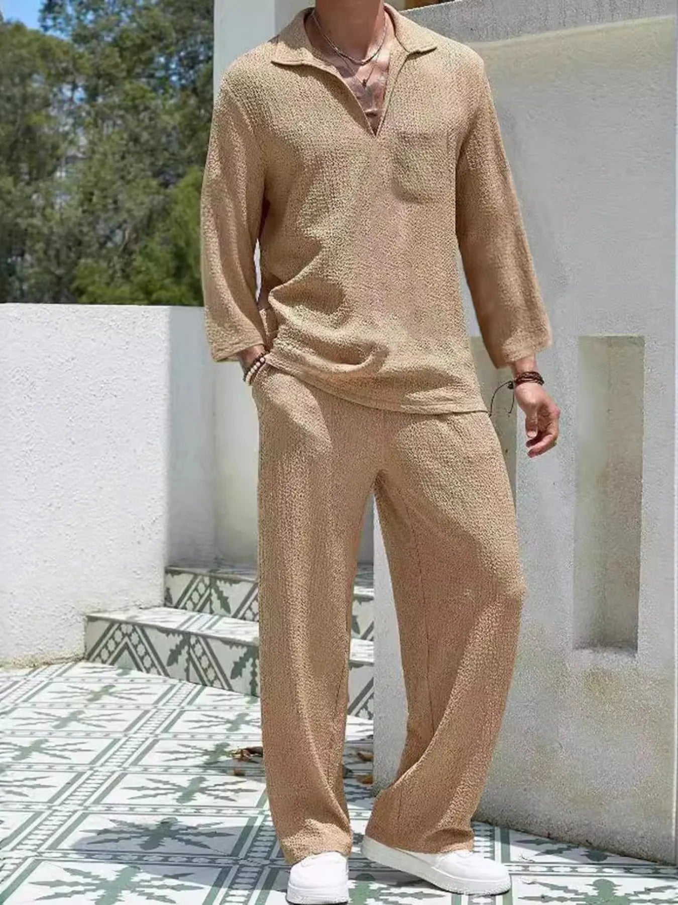 Men's Plus Size Long Sleeve Top and Pants Set Khaki - Fashorio