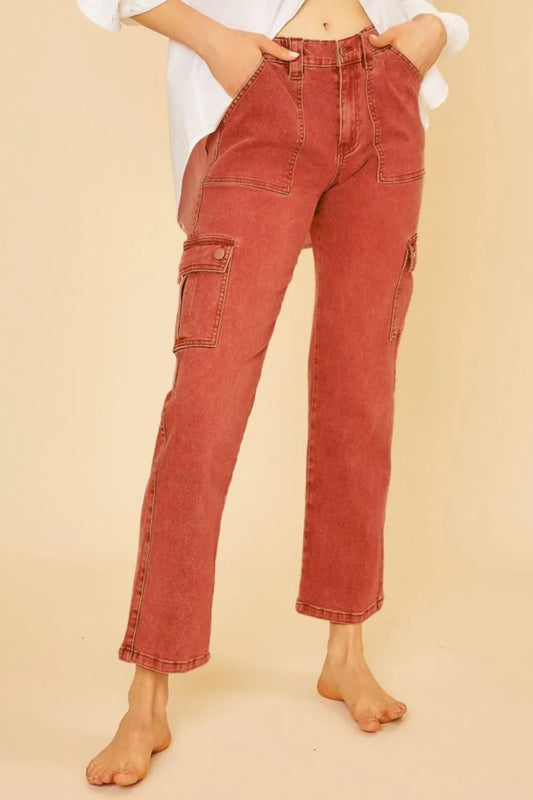 Annie Wear Straight Leg Jeans with Cargo Pockets Orange-Red - Fashorio