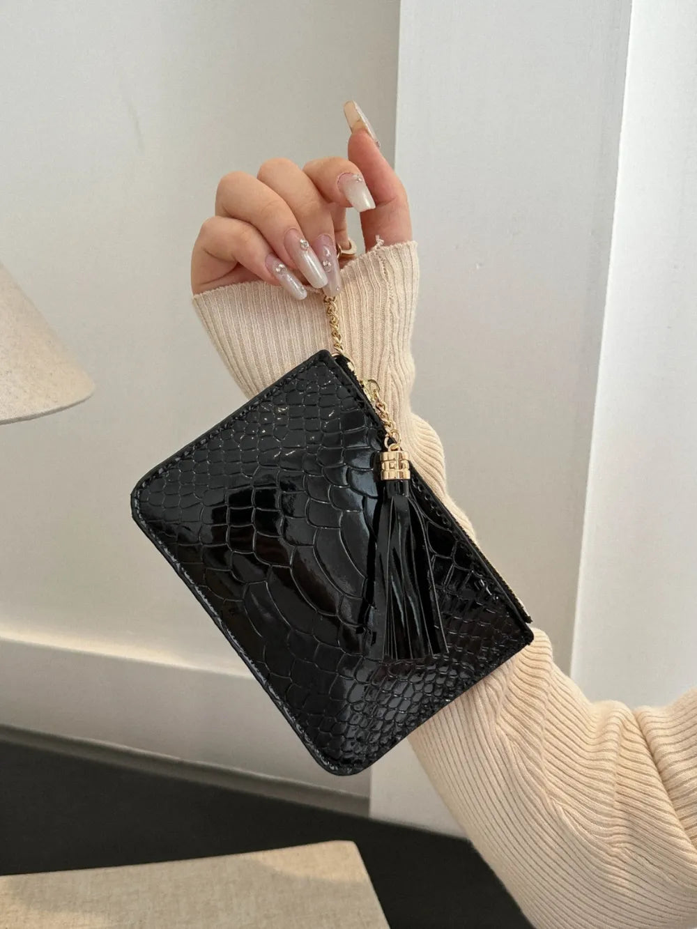 PU Leather Tassel Trim Card Case - Fashorio