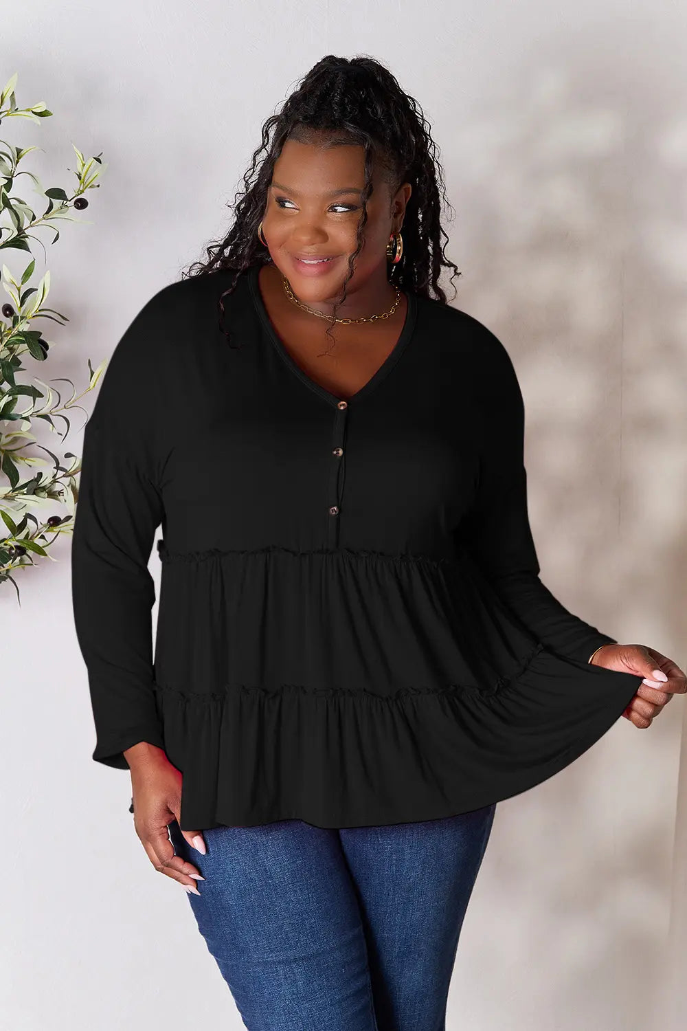 Double Take Half Button Long Sleeve Ruffle Hem Blouse Black - Fashorio
