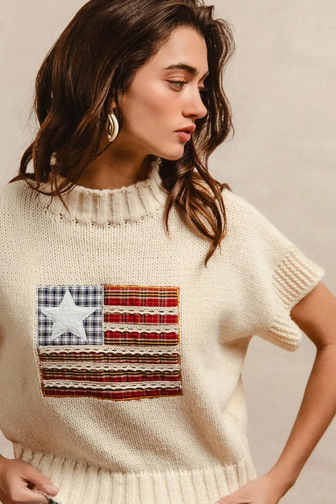 BiBi American Flag Patchwork Drop Shoulder Sweater - Fashorio