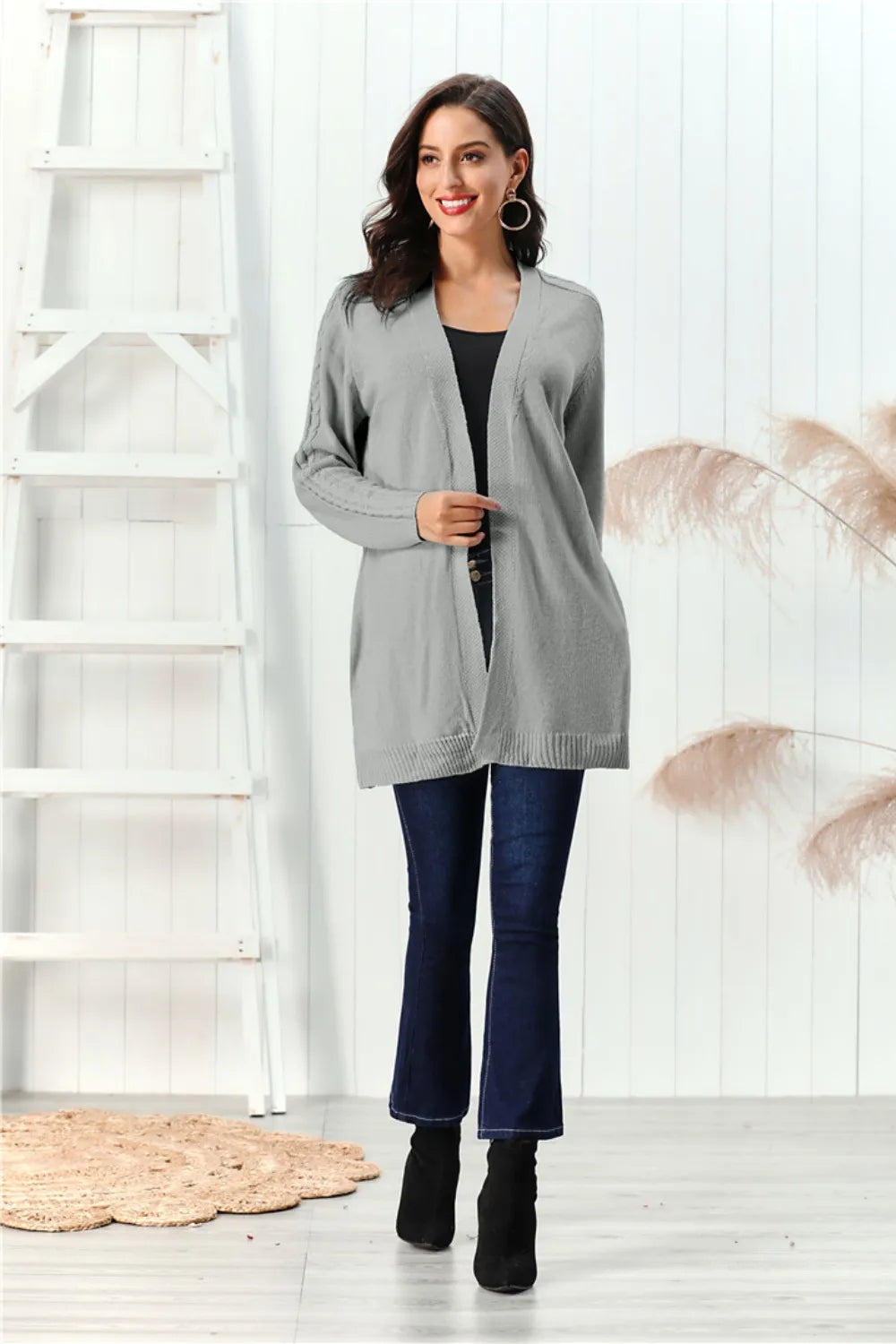 Cable-Knit Open Front Long Sleeve Cardigan - Fashorio