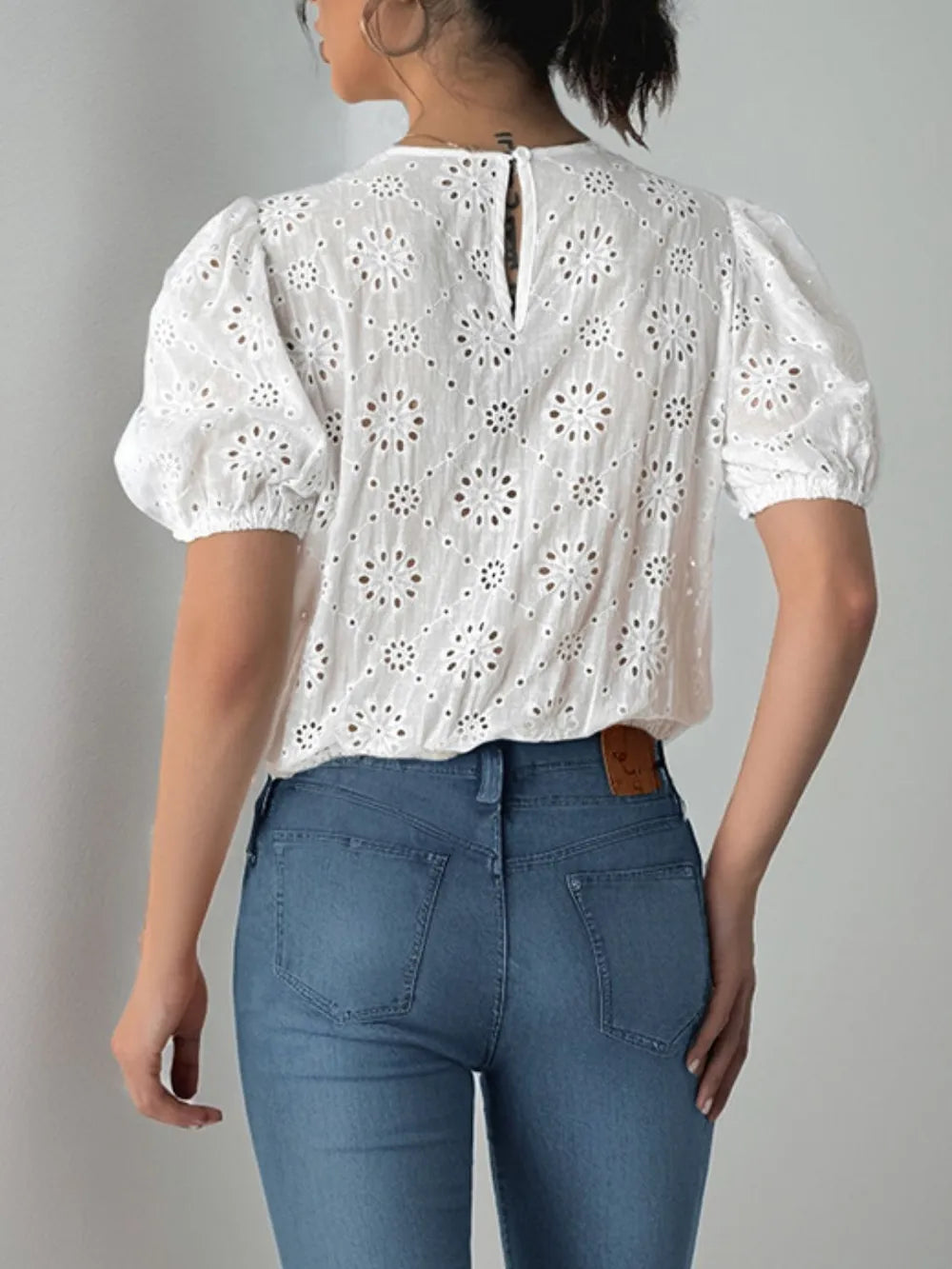 Perfee Tied Eyelet Short Sleeve Bodysuit - Fashorio