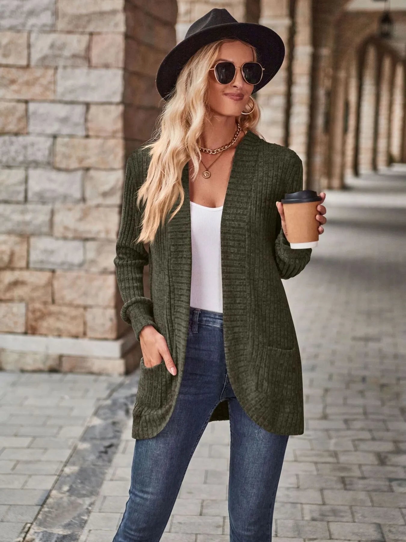 Ribbed Open Front Long Cardigan with Pockets - Fashorio